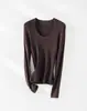 Top de punto de alta calidad sin costuras con cuello en U para mujer, de manga larga, color liso, ajuste normal en los hombros, elástico, ajustado, adecuado como capa interior o capa base, fino