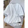 Nova Camisa Azul Plissada de Manga Curta com Decote em V para Mulheres, Nova Moda de Verão Tamanho Grande com Design de Cintura Afunilada Top de Manga Curta