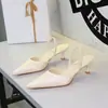 Sandálias de festa sexy estilo europeu e americano 9727-A para mulheres, bico fino, corte baixo, confortáveis, salto fino, calcanhar aberto, com tira no tornozelo, adequadas para uso externo