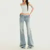 Pantalones vaqueros ligeramente acampanados con ribete de encaje, nueva colección otoño 2026, azul claro, tiro bajo, adelgazantes, versátiles, pantalones acampanados estilo americano