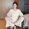 Novo Conjunto de Pijama Feminino de Seda Gelo de Primavera e Outono de Alta Qualidade Estilo Princesa Francês, Doce e Fino para o Verão, Roupa de Casa que Pode Ser Usada Fora