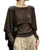 Estilo elegante y suave, diseño asimétrico, efecto adelgazante, cárdigan de punto de otoño para mujer, chal tipo capa, diseño de dos piezas simulado, top de manga larga