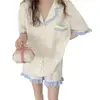 Pijama de Shorts de Manga Curta Novo Coreano de Verão Roupas de Casa com Flores Pequenas para Mulheres Traje Feminino