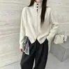Novo cardigã de tricô com gola alta e zíper duplo, estilo outono e inverno europeu e americano para mulheres, suéter casaco de cor sólida estilo preguiçoso casual solto