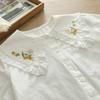 Camisa de algodón puro con crisantemo bordado artístico, estilo fresco y nuevo de otoño, para mujer, de manga larga, suelta, con cuello de muñeca y encaje, blanca