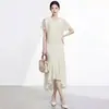 Traje de Verano Miyake para Mujer, Conjunto de Dos Piezas, Elegante y a la Moda, Camiseta Holgada de Manga Corta con Cuello en V, Falda Asimétrica de Cola de Pescado