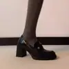 Mocasines Retro con Tacón Alto de Camelia para Mujer, Mocasines sin Cordones para el Trabajo con Tacón Grueso, Elegantes Zapatos Negros de Cuero
