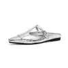 Sandálias Femininas Wei Wei 6825-2 Mules Planas Prata Bico Fechado Sandálias de Verão com Tira em T Bico Fino