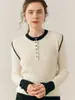Nuevo Suéter de Cachemira Pura para Mujer Otoño e Invierno con Cuello Redondo Grueso, Mangas de Color Contrastante, Medio Botones, Canalé, Tejido Cálido