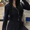 Sudadera con capucha casual de doble cremallera para mujer de otoño e invierno Dongdaemun Corea + Pantalones de chándal de cintura alta