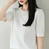 Top de tricô de algodão puro com manga curta, estilo minimalista para mulheres, camisa base solta e respirável de manga curta, suéter de manga média emagrecedor