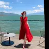 Vestido de Cinta Francés Retro de Tres Colores para Mujer, Nuevo Estilo de Verano, Estilo de Resort Costero, Vestido Largo Ajustado, Rojo