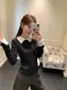 Suéter de Punto de Dos Piezas Falsas de Color Contrastante para Mujer 2025 Nuevo Otoño e Invierno Delgado Camisa para Vestir por Capas Gris Cuello Polo