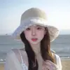 Sombrero de Paja de Verano para Mujer, Sombrero de Pescador de Paja para Playa con Ala Ancha, Flores Pequeñas, Moño de Encaje, Sombrero de Protección Solar