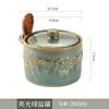 Tarro de cerámica para condimentos torneado en torno con relieve y cuchara de madera, tarro de cerámica para especias con tapa, recipiente para sal, caja de condimentos, vajilla de cerámica
