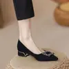 2026 Primavera y Otoño Nuevo Estilo Punta Fina Boca Baja Elegante Suela Suave Tacones Altos Negros Tacón Medio Zapatos de Trabajo Tacón Grueso Zapatos de Salón para Mujer