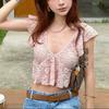 Tops Diseñados para Mujer, Mangas Voladoras de Verano, Blusas de Encaje Transparentes con Cortes, Camisetas Finas de Cuello en V Cortas que Muestran el Ombligo