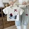 Conjunto de Verano para Niña: Conjunto de Dos Piezas de Camiseta Bordada Estilo Coreano de Dibujos Animados y Pantalones Casuales para Niñas Pequeñas, Ropa Casual Infantil