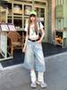 Jeans Cropped Soltos de Perna Larga Lavados Vintage Estilo Americano Feminino Cintura Alta Soltos Casuais Ajustados Retos com Buracos