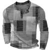 Camiseta de Manga Larga a Cuadros Retro para Hombre Top Gráfico a Cuadros Camiseta de Manga Larga Impresa en 3D Talla Grande Camisa Henley Superior para Hombre