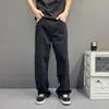 Calça jeans lavada preta, estilosa, estilo high-street americano, unissex, corte solto, adequada para o trajeto diário, versátil, corte slim, perna reta, calça comprida