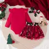 Conjunto Navideño para Bebé Estampado de Muñeco de Nieve Mameluco de Manga Larga Falda de Tul Roja Conjunto de Tres Piezas para Bebés Niñas