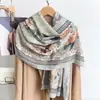 Bufanda larga de algodón y lino floral estilo vintage JM para mujer, bufanda con estampado de borde, chal protector solar para salidas de primavera y verano