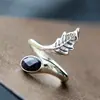 Nafoge Joyería de Plata al por Mayor Hecho a Mano Anillo de Plata de Ley Incrustado con Piedra de Arena Púrpura Anillo de Plata Tailandesa Anillo Abierto para Dedo con Hoja