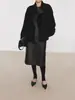 Saia Midi PU com Linha Dividida Consciente de Design Feminina 26 Outono/Inverno Nova Saia Midi Linha A Emagrecedora Saia de Couro Quatro Belezas 1722