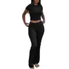 Conjunto casual de dos piezas para mujer, superventas transfronterizo europeo y americano, para entrenamiento: conjunto deportivo de camiseta de cuello redondo y pantalones acampanados de tiro bajo