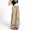 Pantalones Anchos Asimétricos Rasgados Dopamine para Mujer, Delgados de Primavera de Cintura Alta Sueltos Negros con Cordones Rectos tipo Cargo para Mujer