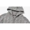 Jaqueta com capuz e zíper torcido tridimensional estilo high street americano para homens e mulheres, cardigã de tricô vintage casual 808756