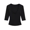 2566-Camiseta Moda Quadrada Manga Média Estilo Europeu e Americano para Mulheres 2025 Nova Sexy Slim Fit Camisa Base Top