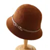 Sombrero de pescador de punto de mezcla de lana estilo japonés para mujer, estilo socialité Otoño e Invierno con hebilla de cinturón, Sombrero de pescador cálido retro francés