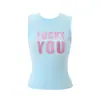 Estilo callejero retro, look de chica hot americana, top azul sin mangas con diseño de estampado de letras, corte ajustado y favorecedor para niñas