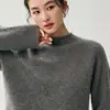 Suéter de cachemira de estilo perezoso con cuello semi-alto para mujer, color liso, longitud media, corte holgado, suéter de punto de manga larga, suéter de lana simple