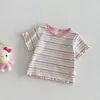 Roupas de verão de manga curta listradas em arco-íris para bebê menina, camiseta fofa de renda para bebê, roupas finas da moda para menina