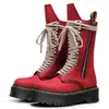 Botas de Motocicleta de Cuero Crazy Horse de Primera Capa Transfronterizas de Color Rojo con Suela Gruesa de 18 Ojales para Mujer 1460 Cremallera Lateral Botas Largas de Cuero Genuino Suela de Plataforma Lengüeta Larga