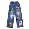 Calça infantil atacado comércio exterior meninas jeans de desenho animado calça de primavera versão coreana de calça reta estampada solta grande infantil