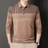 Camiseta de manga larga de primavera para hombre con cuello, ropa para hombres de mediana edad y mayores, top con bolsillo real, polo a rayas