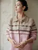 Estilo Nuevo Otoño e Invierno Fair Isle Jacquard Pesado Retro Cachemira Engrosada Suéter Cardigan de Punto con Solapa Holgado Versátil para Mujer