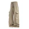 Calça esportiva de perna larga de secagem rápida estilo rua para homens, calça longa de trabalho com cordão, corte solto em cáqui, preto e cinza, design versátil