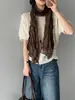 Suéter de Punto de Mohair de Manga Corta con Cuello Redondo de Color Brillante Vintage Jiang Chi para Mujer, Top para Superponer D2640