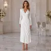 Vestido blanco elegante de estilo francés europeo y americano, cruzado, con cuello en V, manga larga, corte ajustado para mujer, elegante vestido largo hasta la mitad