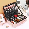 Bolsa de Cosméticos de Cuero PU Rosa Gran Capacidad Maquillaje Cosméticos Bolsa de Cosméticos Bolso Bordado Hombro Compartimentado Estuche de Cosméticos