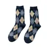 Calcetines de lana para mujer, calcetines de media pantorrilla, calcetines cálidos gruesos de estilo coreano de moda para otoño e invierno, cuadros de rombos retro japoneses.