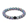 Pulseira de Pedra Fosca com Gradiente Arco-Íris e Conta Preta Central Unissex Ajustável Alta Qualidade Feita à Mão Pedra Natural Design Multicolorido Vibrante Acessório de Moda Único para Todas as Idades