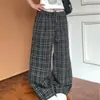 Calças casuais xadrez de design retrô americano com cós duplo para homens e mulheres, calças largas de perna larga compridas com cordão