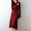 Vestido Largo de Punto Trenzado 100% Lana para Mujer, Cuello Redondo, Manga Larga, Jersey, Casual, Versátil Vestido de Cachemira de Corte A