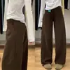 Calças Marrons de Perna Larga para Mulheres, Jeans de Corte Reto para Corpo em Formato de Pera, Calças de Perna Larga Emagrecedoras Plus Size